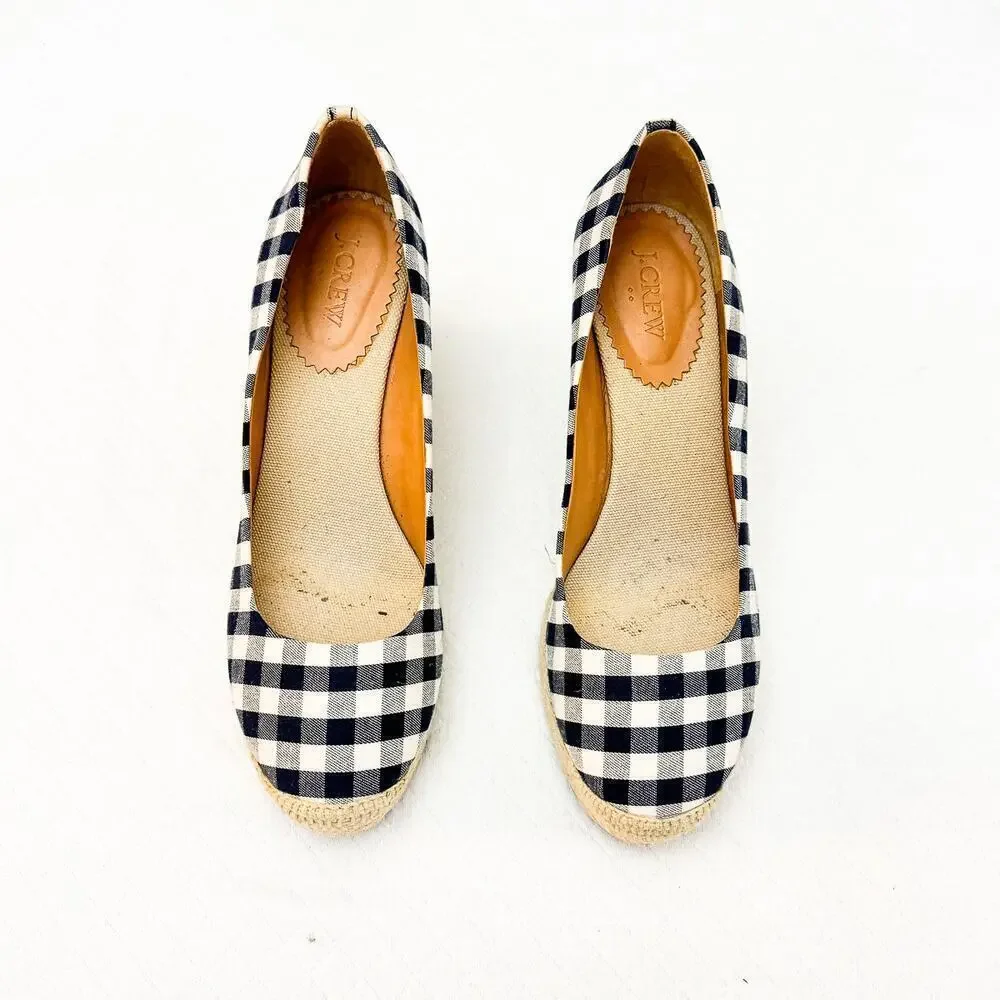 J. Crew Gingham Checkered Patterned Espadrille Wedge Heel Size 10